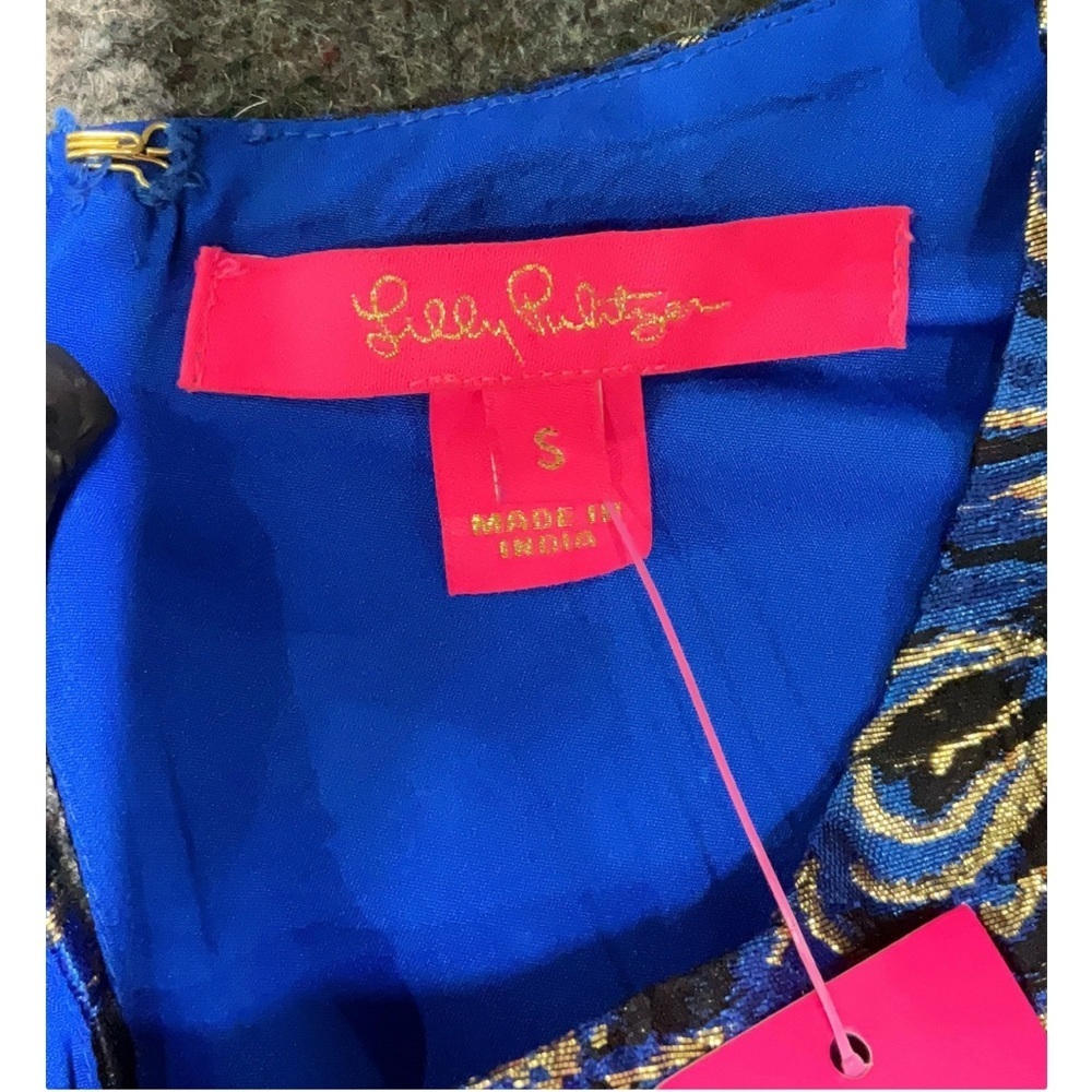 Lilly Pulitzer Pratt Brocade Top Blue Grotto Twilight Floral Gold Puff Sleeve S - Picture 5 of 5